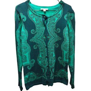 Isaac Mizrahi Live! Paisley Printed Cardigan/Sweater Green/Navy Button Closure S